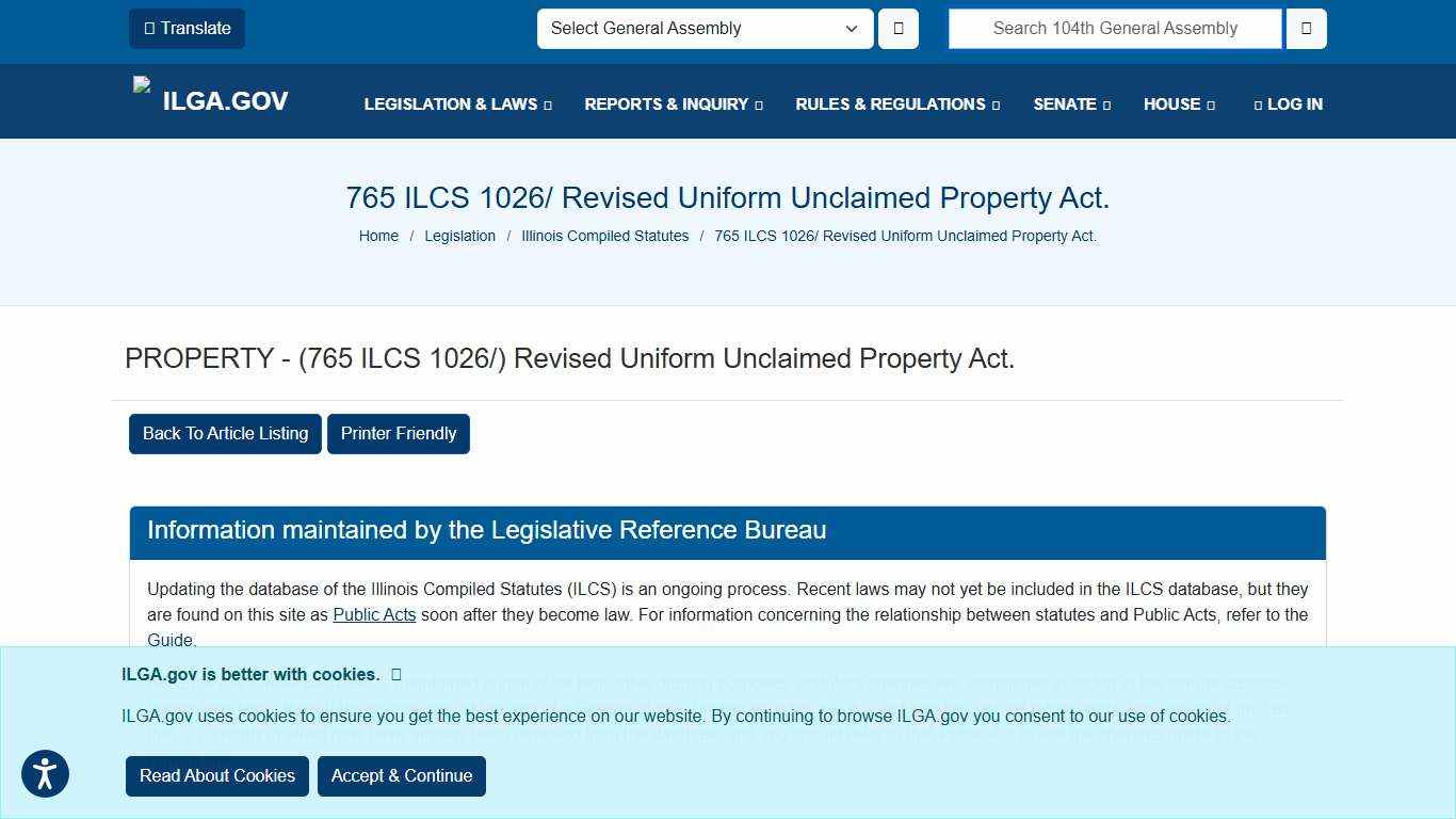 Illinois General Assembly - 765 ILCS 1026/ Revised Uniform Unclaimed Property Act.